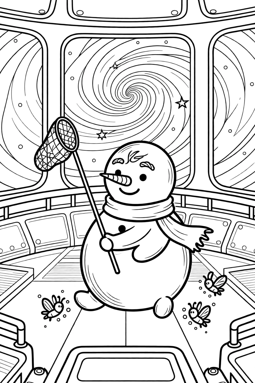 On a spaceship deck looking out at swirling nebulae, a mischievous gentle giant snowman discovers the joy of fishing for shooting stars with a butterfly net, while twinkling fireflies lighting up the path watches happily nearby. It's a perfectly wonderful, magical moment.