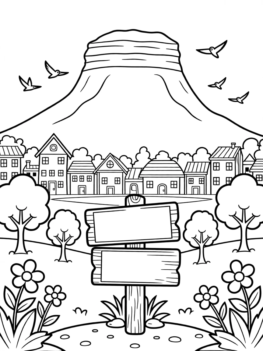 A coloring page inviting kids to explore South Africa through the flat-topped shape of Table Mountain rising above a coastal city, with small trees, flowers, and a signpost welcoming visitors nearby.