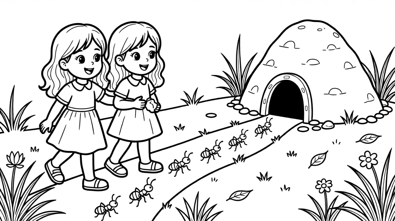wide-eyed twin sisters follow a line of busy ants carrying crumbs into their sandy anthill.