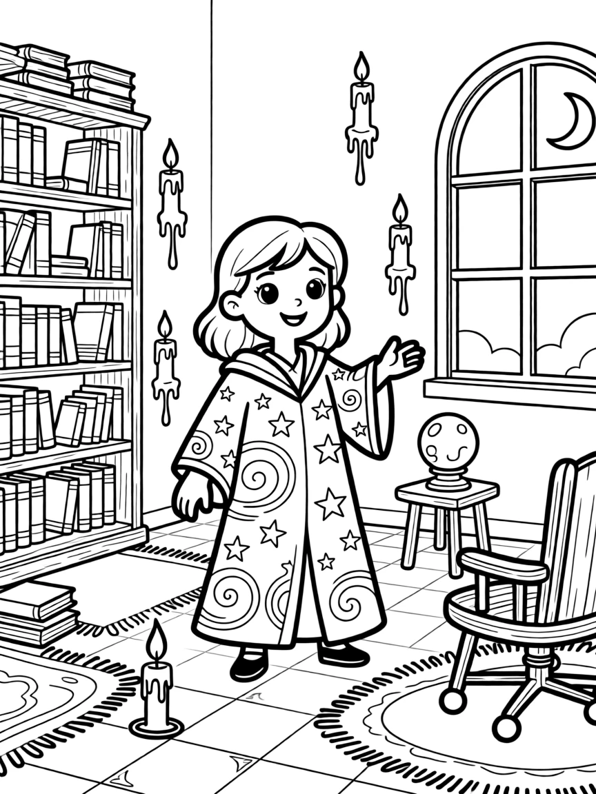 A wizard's floating candles light up his tower study, wax dripping upward instead of down in defiance of gravity.