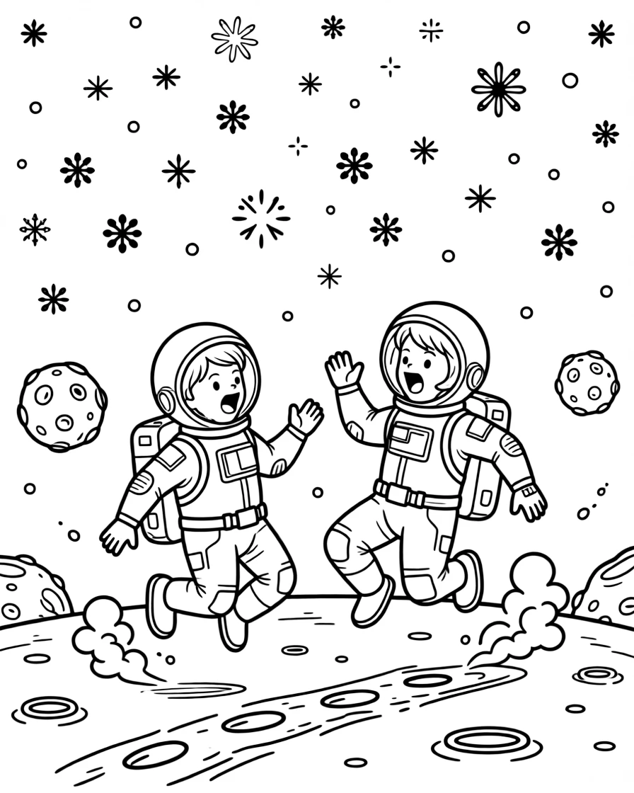 [Astronauts] a pair of astronauts bouncing across a dusty lunar surface among floating asteroids, letting out a triumphant roar. Nearby, footprints trail across the dusty ground. A backpack of oxygen tanks rests on the suit. The scene is captured under a starry night sky, with snow gently falling, giving the page a lively and adventurous feel that invites plenty of colorful detail.
