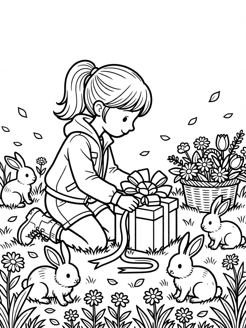 A girl explorer with a backpack and compass is wrapping a present with ribbon and a big bow in a meadow filled with grazing bunnies. Scattered nearby, scattered flower petals drifting in the breeze and a basket brimming with fresh flowers bring the scene to life.