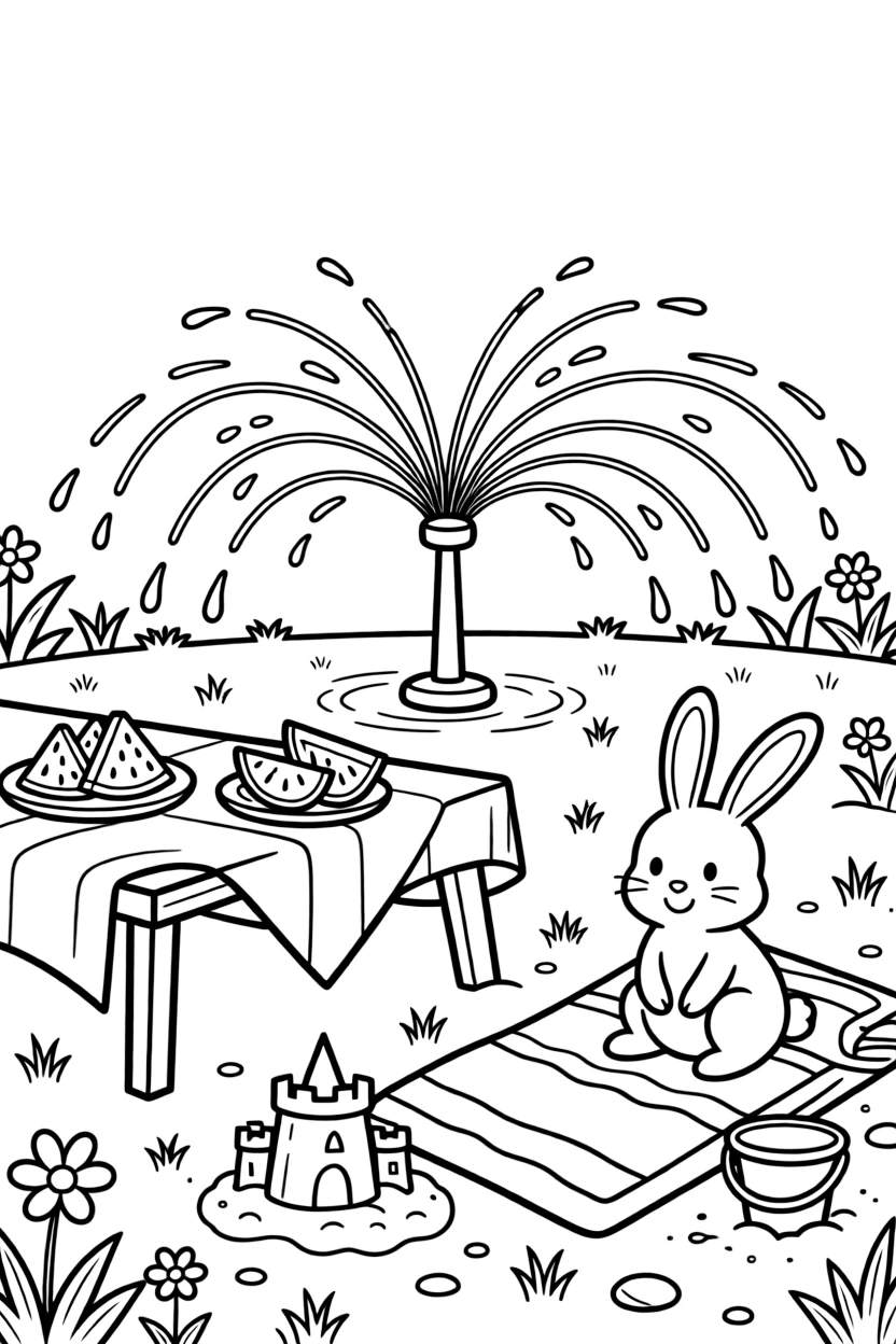 A wide view in a backyard with a colorful sprinkler running, featuring a picnic table set with watermelon slices, a floppy-eared bunny, and a beach towel spread on the sand, with a bucket and shovel by a sandcastle nearby.