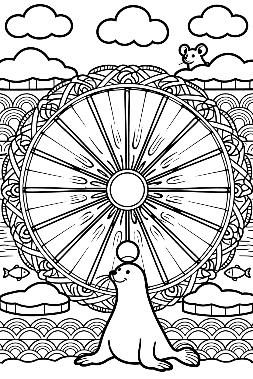 Arctic & Polar Animals: The page presents a small themed scene built around a seal balancing a small ball on its nose, tied together by a wheel-spoke mandala radiating from a round hub. The scene is arranged in a mirrored scene, with matching elements balanced on the left and right halves of the page. Decorative details fill the surrounding space, including rounded puffy cloud shapes, rows of scalloped fan shapes, and bands of braided rope shapes woven throughout the background. A playful extra touch completes the page: a curious little mouse peeking out from behind one of the shapes.
