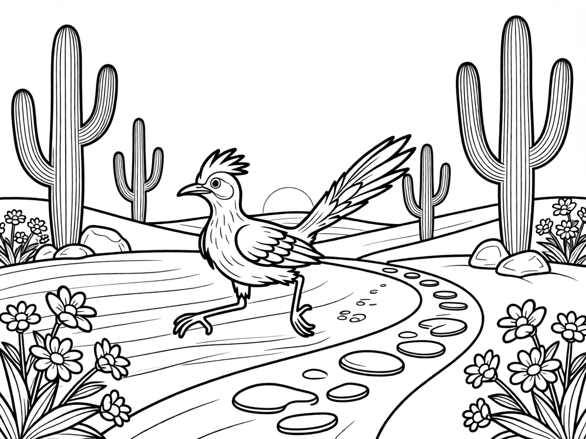 [Desert Dunes] A roadrunner dashes across the sand past a cluster of tall saguaro cacti. Colorful desert flowers bloom between rocks near a trail of small paw prints. Tall saguaro cacti stand like sentries near a winding path of smooth, sun-baked stones. Warm golden light stretches long shadows across the rippling sand at sunrise.