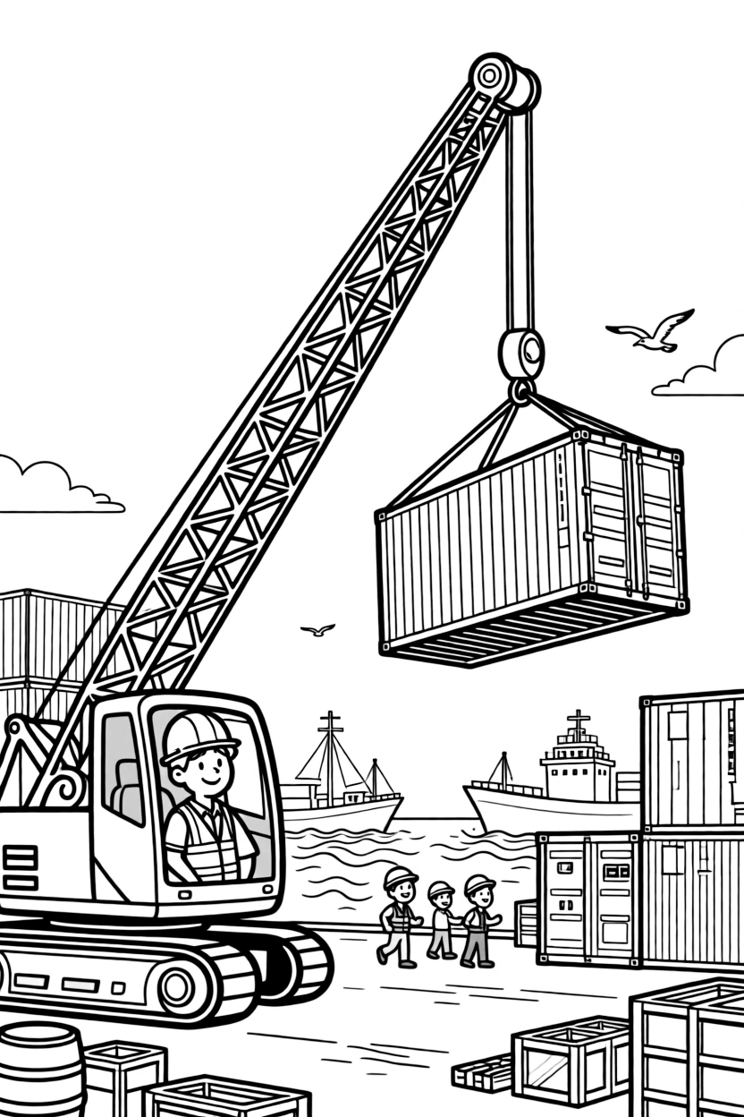 A crane operator lifts a shipping container high above a busy port.