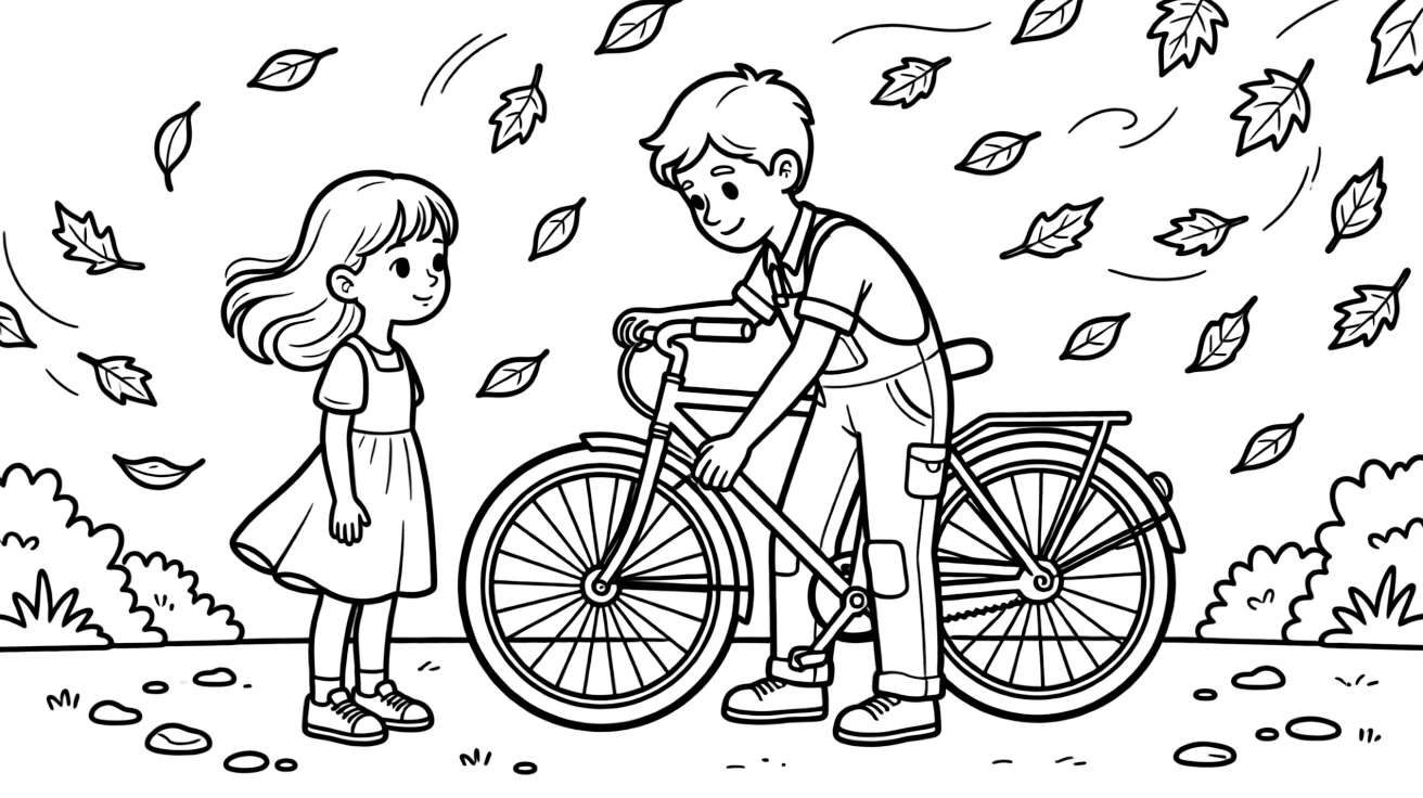A dreamy-eyed girl watching a tire get fixed by a mechanic as fallen leaves swirl in the breeze.