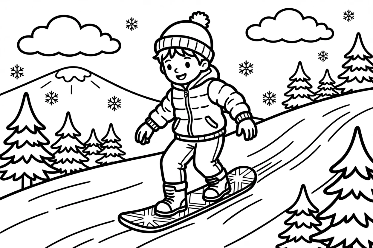 A cheerful young boy, carving smooth turns down a snowy mountain on a colorful snowboard.
