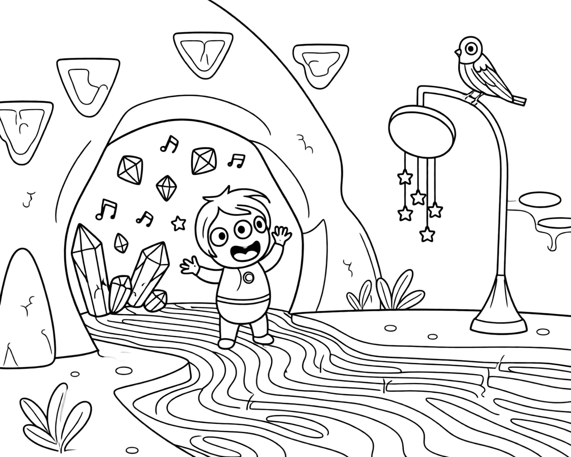 Marlo, a bouncy alien with three eyes discovering a cave full of singing crystals on an alien planet, in a lava planet with rivers of glowing orange magma and floating platforms, with a robotic bird perched on a lamp post and a wind chime made of tiny metal stars nearby.