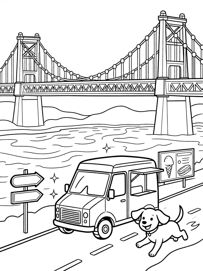 This coloring page shows a food truck with a fold-out ordering window making its way across a long bridge stretching over a sparkling river, accompanied by an excited puppy chasing along the road, while road signs pointing toward fun destinations adds extra charm to the scene.