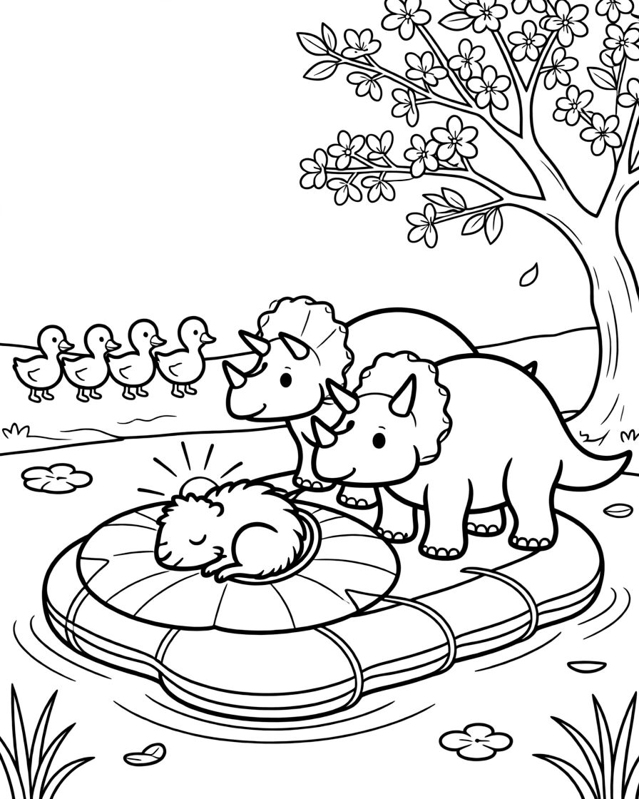 A mole napping in a sunbeam next to a triceratops family on a floating lily raft, near a blooming cherry blossom tree, with a family of ducklings following behind.