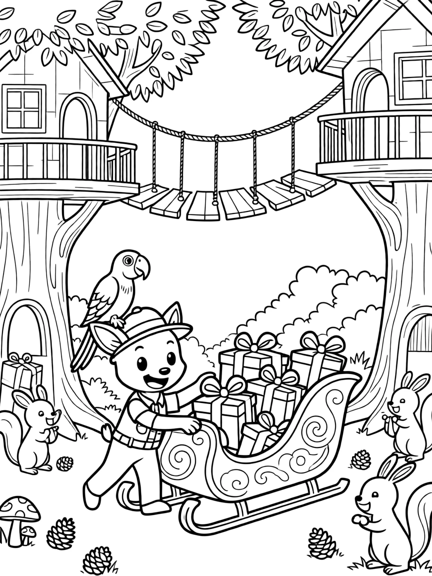 Inside a treehouse village connected by rope bridges, a fearless young forest ranger fawn discovers the joy of delivering presents from an overflowing sleigh, while a chatty parrot perched on one shoulder watches happily nearby. Everyone is laughing and having the best time.