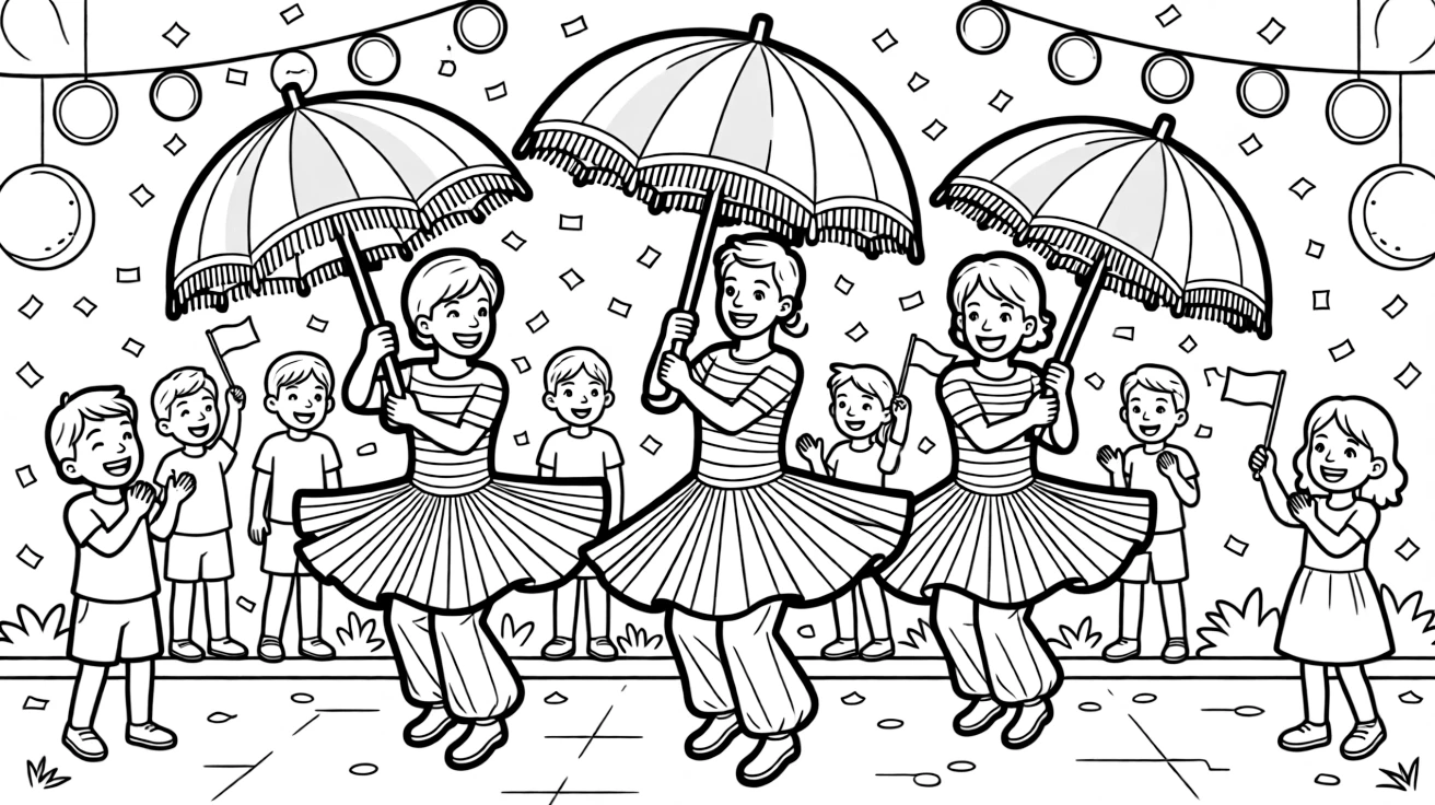 A coloring page capturing a joyful festival moment in South Africa: the Cape Town Minstrel Carnival with dancers in bright striped costumes and umbrellas, surrounded by smiling children, decorations, and confetti in the air.