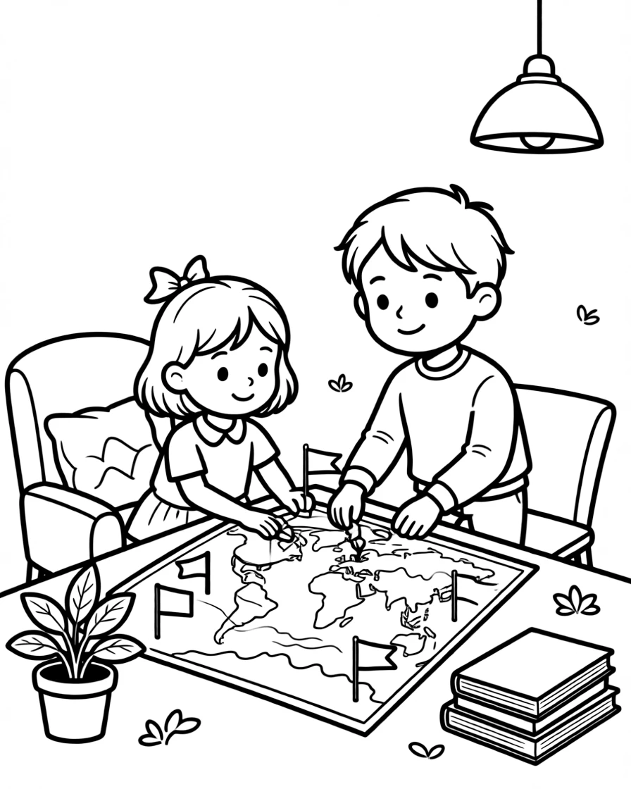 a cheerful older brother and his little sister plants little flags on a world map to mark countries visited on family trips.