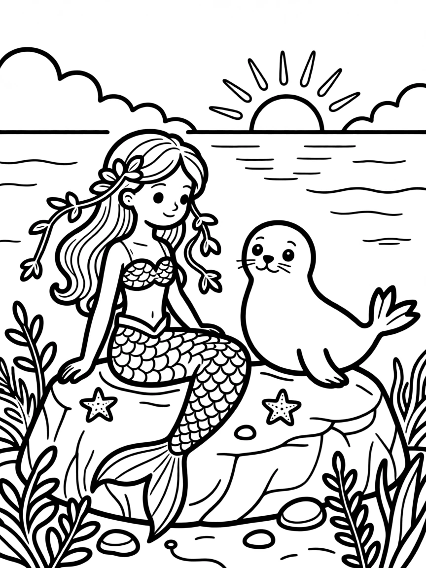 A young mermaid braids seaweed ribbons into her hair while sitting on a rock, watching the sunset with a seal companion.
