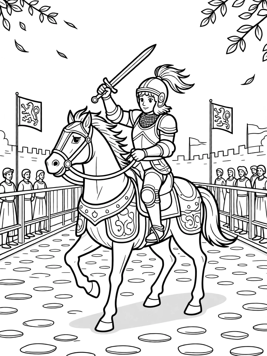 [Knights] A dynamic scene shows a knight riding a armored horse practicing sword fighting in a courtyard in a medieval jousting arena, concentrating hard with a focused expression. Close by, a crowd watches from wooden stands. A plumed helmet gleams in the sunlight. The moment unfolds in the late afternoon, with a light breeze blowing, filled with energetic detail perfect for a young colorist.