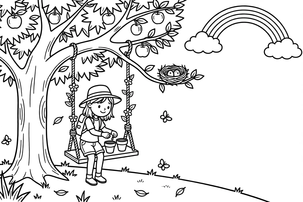 A girl hiker with a walking stick and floppy hat is planting seeds carefully in little clay pots in an orchard swing hanging from an old apple tree. In the background, a tiny bird's nest tucked in a nearby branch and a soft rainbow arching overhead make the setting feel extra special.