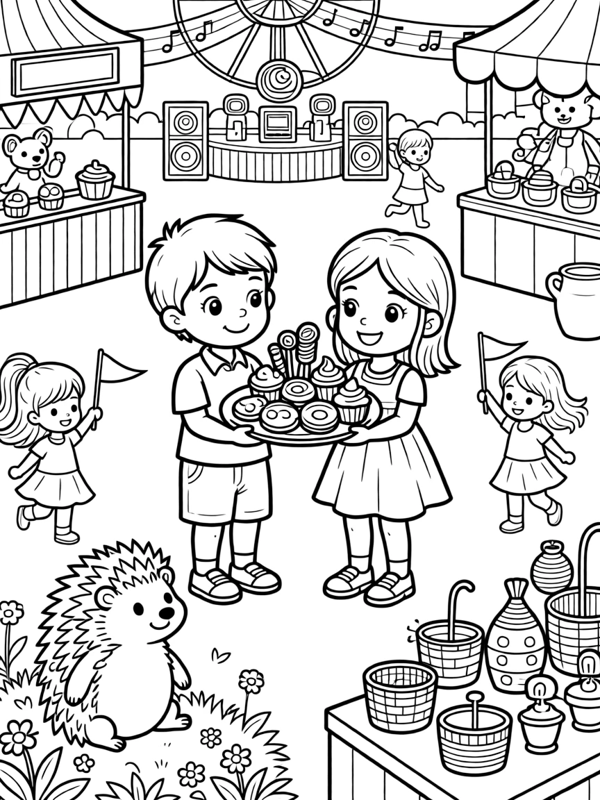 A plate of sweets shared between siblings at a fairground with games, music, and food stalls, while a plump little hedgehog looks on nearby, children waving small flags and a display of handmade crafts completing the scene.