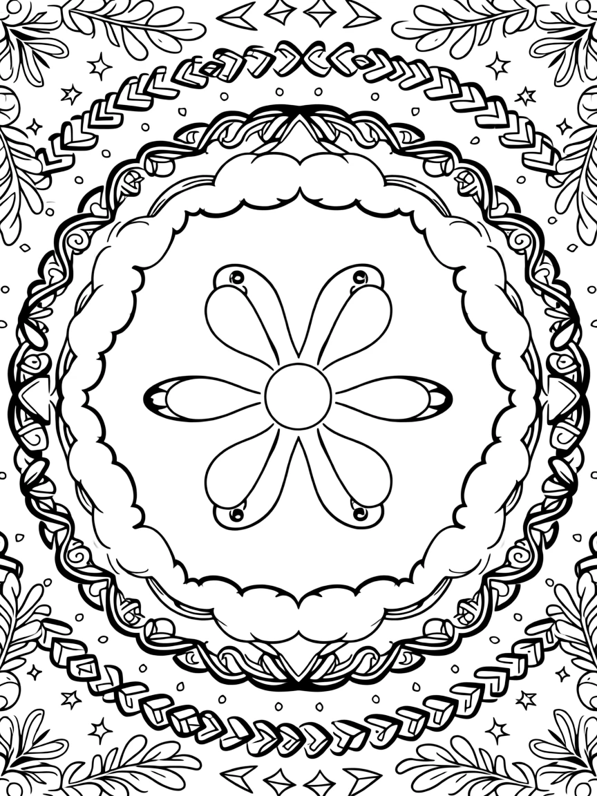 Arctic & Polar Animals: The design turns a seal balancing a small ball on its nose into a kaleidoscope-style composition anchored by a cloud-ring mandala made of puffy overlapping curves. The imagery is reflected six times around a central point, so each wedge of the page mirrors the one beside it. Decorative details fill the surrounding space, including curling fern-frond shapes, ribbons folded into gentle zigzags, and rows of arrow-shaped chevrons woven throughout the background. A playful extra touch completes the page: a few sparkling gem shapes dotted along the outer border.