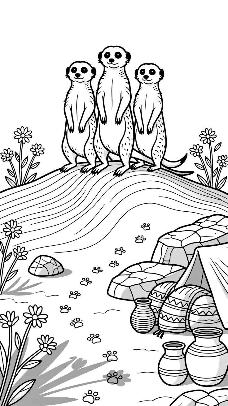 [Desert Dunes] A family of meerkats stands alert atop a sandy dune, watching the horizon together. Colorful desert flowers bloom between rocks near a trail of small paw prints. A cluster of colorful woven blankets and clay pots sits near a small desert campsite. Warm golden light stretches long shadows across the rippling sand at sunrise.