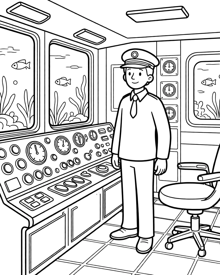 A submarine captain gives orders inside the control room of an underwater vessel.
