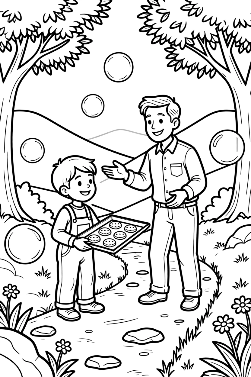 A boy in overalls baking cookies with an uncle on a mountain trail as soap bubbles float upward.