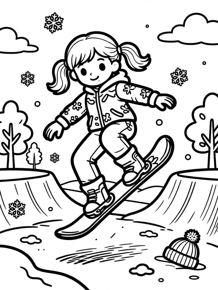 A determined girl with pigtails, catching air off a jump in the terrain park, board grabbed mid-flight.