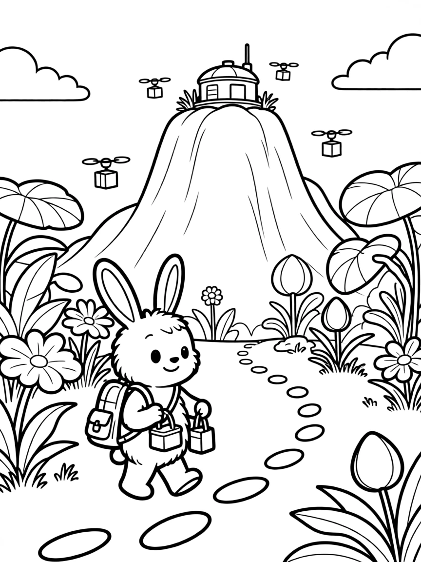 Fuzzby, a bouncy alien creature with rabbit-like ears carrying supplies to a research base at the top of a floating mountain in a lush alien jungle planet with oversized glowing plants, as a trail of glowing footprints leading into the distance and tiny drones buzzing around delivering packages fill the scene.