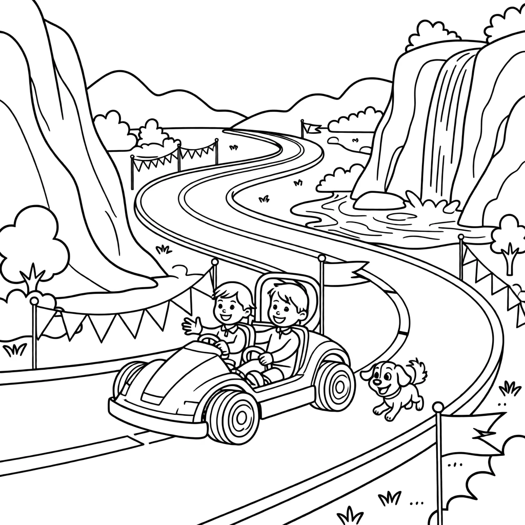 A big, friendly a two-seat go-kart zooming around a curvy track rolls through a national park with towering waterfalls and rocky cliffs, with an excited puppy chasing along the road enjoying the ride and colorful flags fluttering from every corner adding a playful touch.