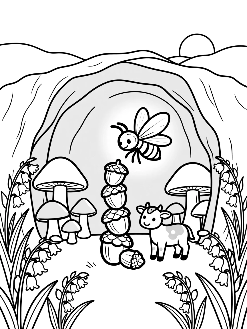 A firefly in a cave glowing with mushrooms, stacking acorns into a tower with a calf, next to a bluebell woodland, as the sun sets in soft colors.