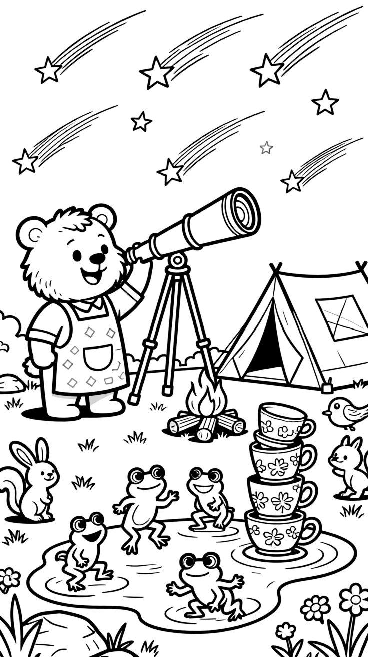 A wide-eyed bakery owner bear is stargazing through a giant telescope at a campsite under a sky full of shooting stars, joined by a puddle full of jumping frogs and a wobbly tower of stacked teacups. Every creature nearby wants to join in the fun.
