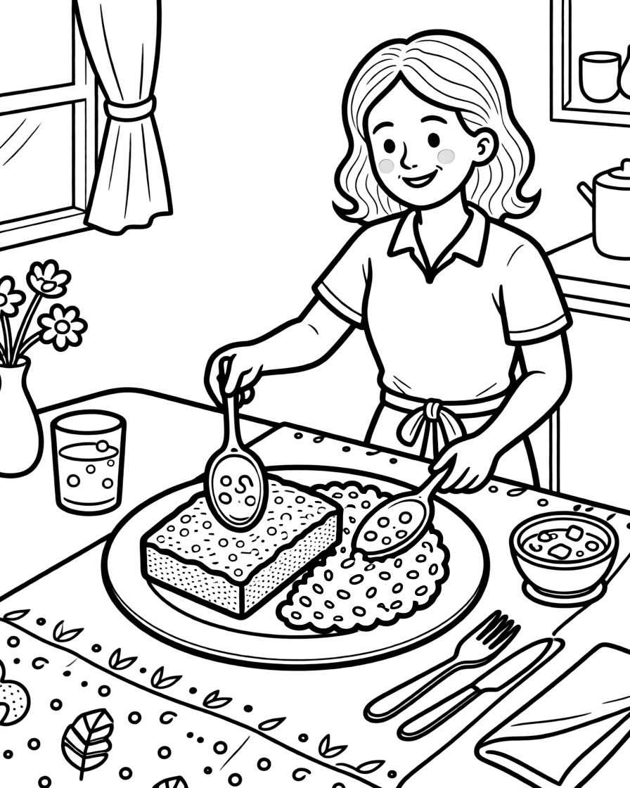 A coloring page showing a delicious spread from South Africa: a plate of bobotie with yellow rice and chutney, set out on a table with a friendly family member serving portions.
