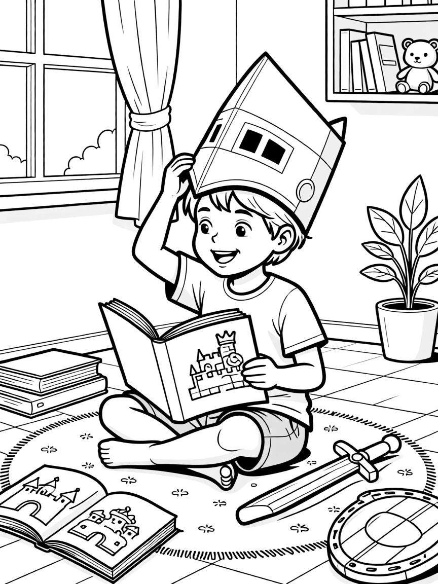 a proud small child tries on a knight's paper helmet while reading about castles and kings.
