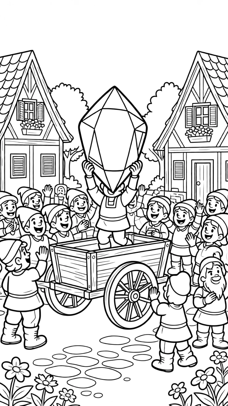 A dwarf village celebrates the discovery of a massive gem, hoisting it triumphantly through cheering crowds on a wooden cart.