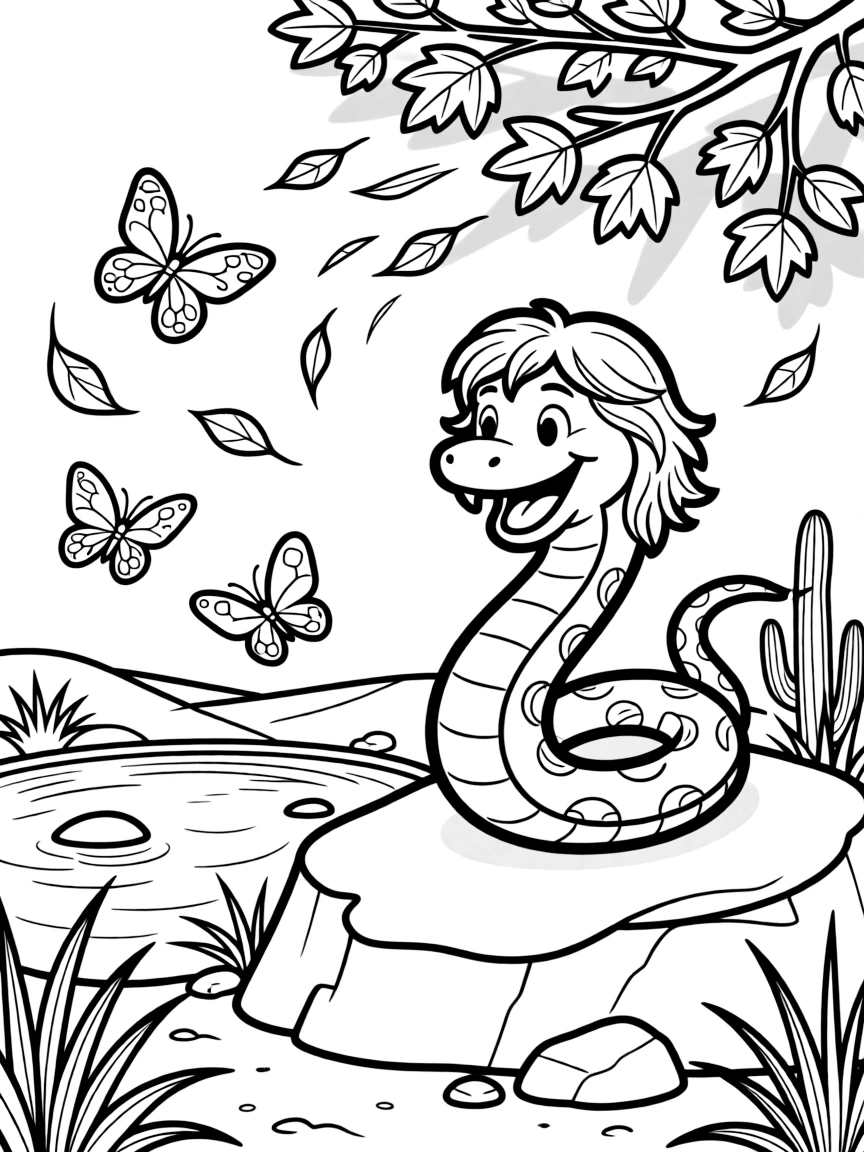 [Reptiles] A dynamic scene shows a coiled friendly snake resting beside a quiet pond on a sun-warmed desert rock, grinning with excitement. Close by, butterflies flutter through the warm air. Sunlight dapples through the leaves above. The moment unfolds in the late afternoon, with autumn leaves swirling in the wind, filled with energetic detail perfect for a young colorist.