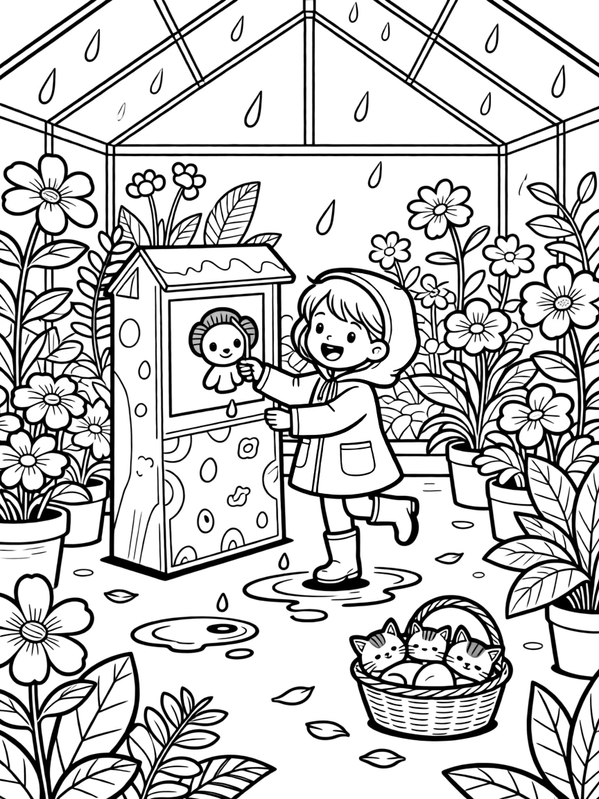 A girl in a yellow raincoat jumping in puddles is putting on a puppet show behind a cardboard stage inside a greenhouse overflowing with blooming plants. Nearby, scattered flower petals drifting in the breeze and a basket of sleepy kittens curled together complete the joyful scene.