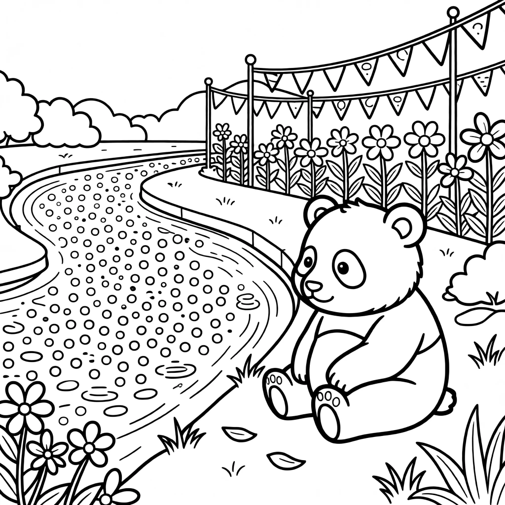 A chubby panda cub admiring a river glowing with hundreds of floating lights along a flower-lined street prepared for a joyful procession, near floating flower petals on the water and colorful flags fluttering along the bank.