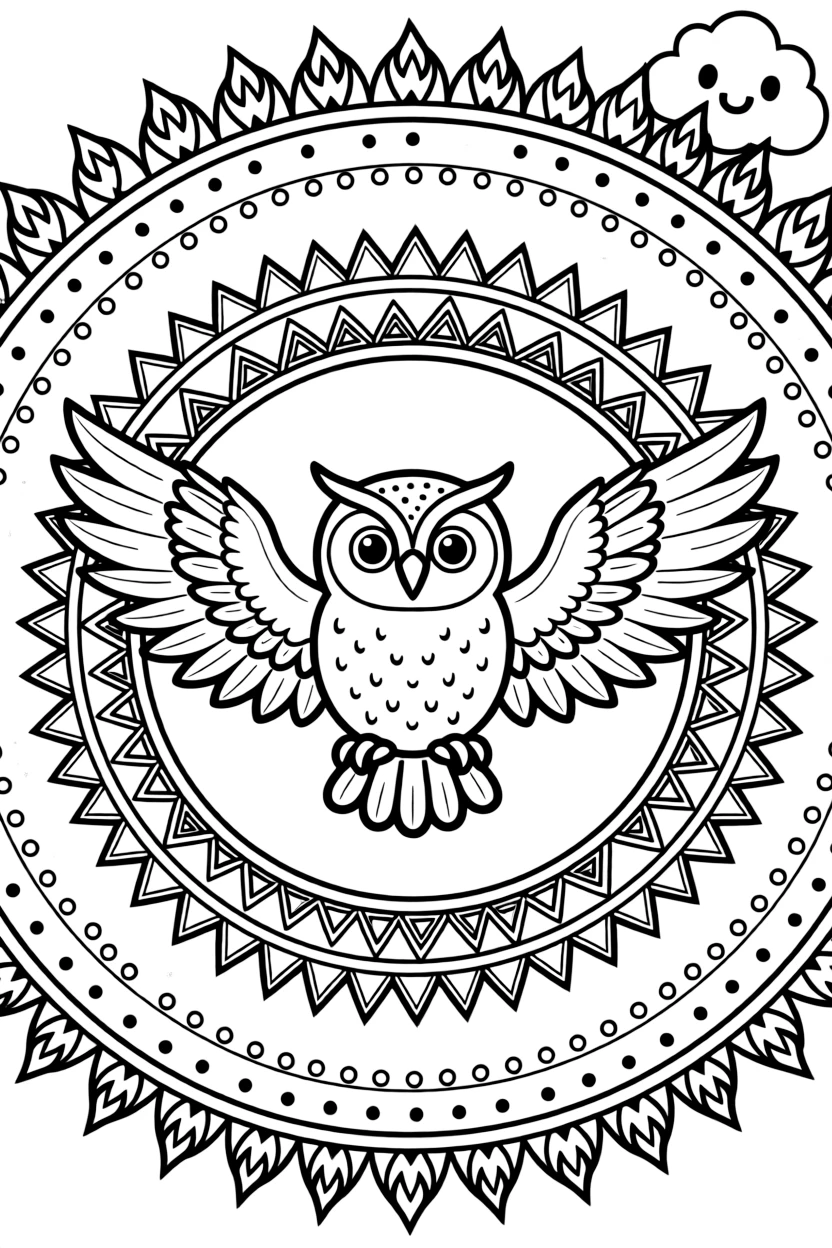 Arctic & Polar Animals: The main subject is a snowy owl with wide feathered wings, drawn as the focal point of an arched dome mandala built from layered nested arches. It is placed dead center, with the surrounding rings mirrored perfectly across every direction. Decorative details fill the surrounding space, including a trail of evenly spaced dots, flame-shaped tips curling upward, and nested triangle shapes woven throughout the background. A playful extra touch completes the page: a small round cloud with a friendly face tucked into a corner.