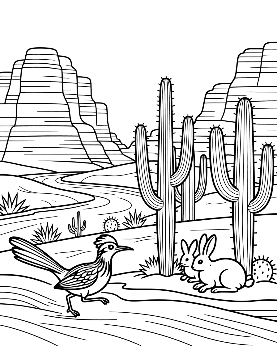 [Desert Dunes] A roadrunner dashes across the sand past a cluster of tall saguaro cacti. A family of jackrabbits rests in the shade of a cluster of tall cacti. Layered red rock formations rise beside a dry riverbed dotted with hardy desert plants. A gentle wind shapes soft ripples across the dunes beneath a clear blue sky.