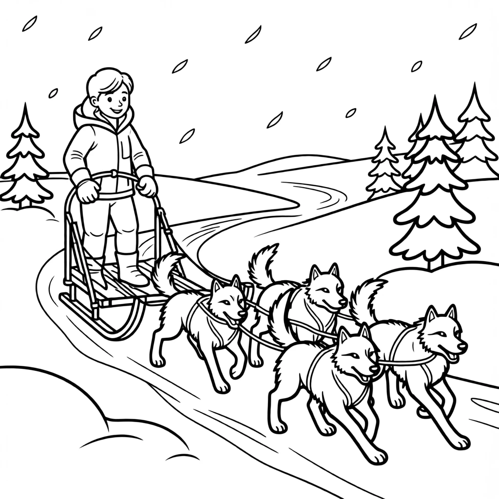 A dog sled musher guides a team of huskies across a snowy trail.