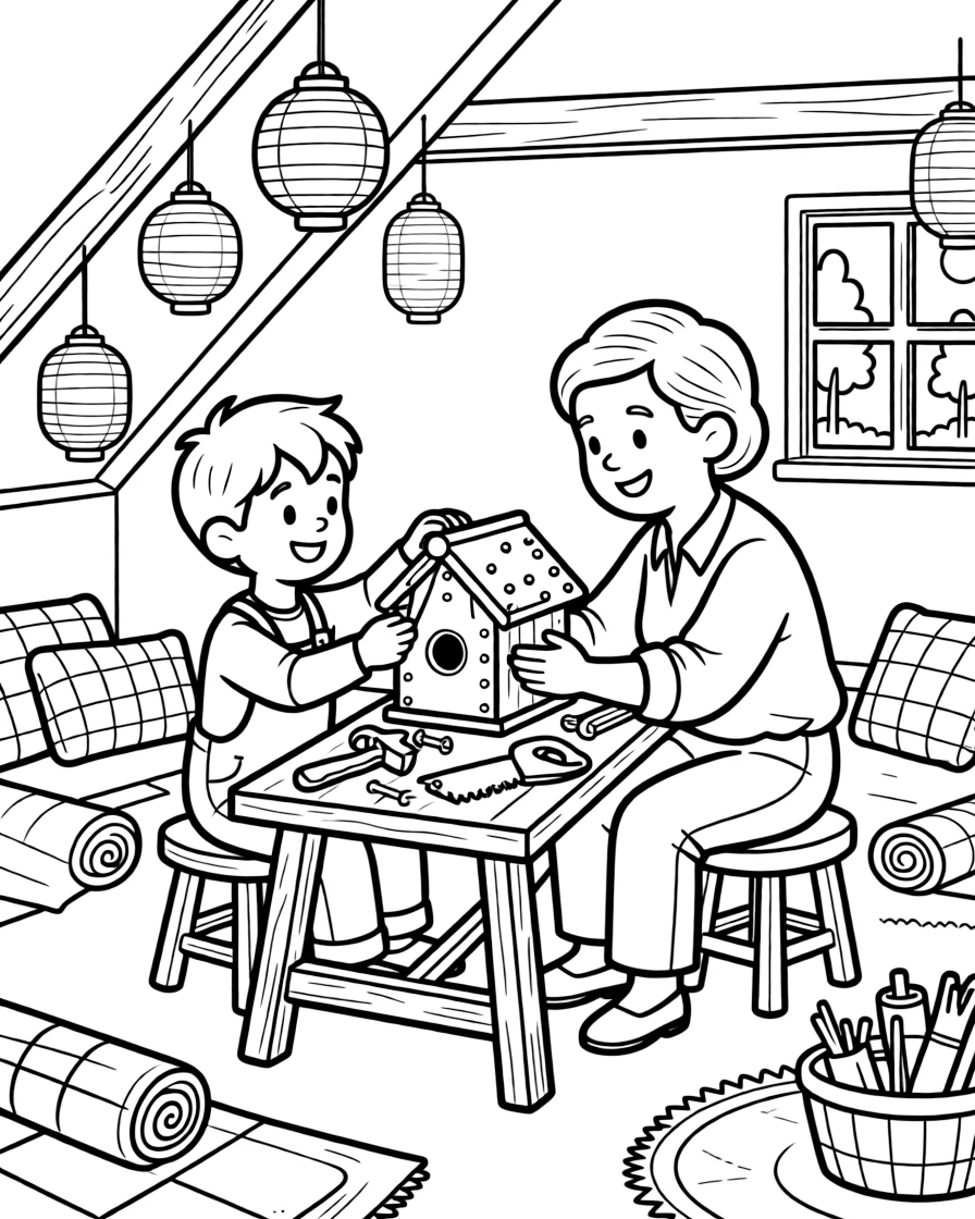 A boy in overalls building a birdhouse together with a great-grandparent in an attic playroom with paper lanterns swaying gently.