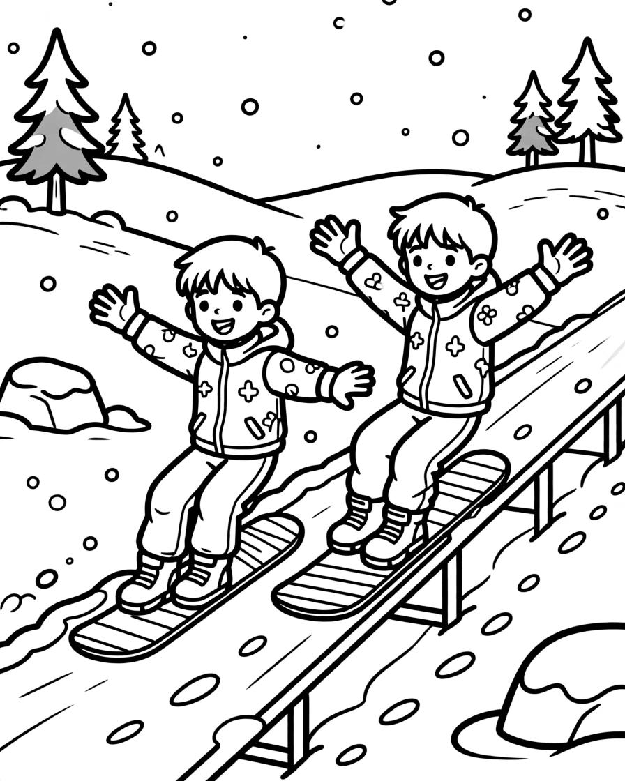 A pair of best friends, sliding along a rail in the snowboard park with arms out for balance.