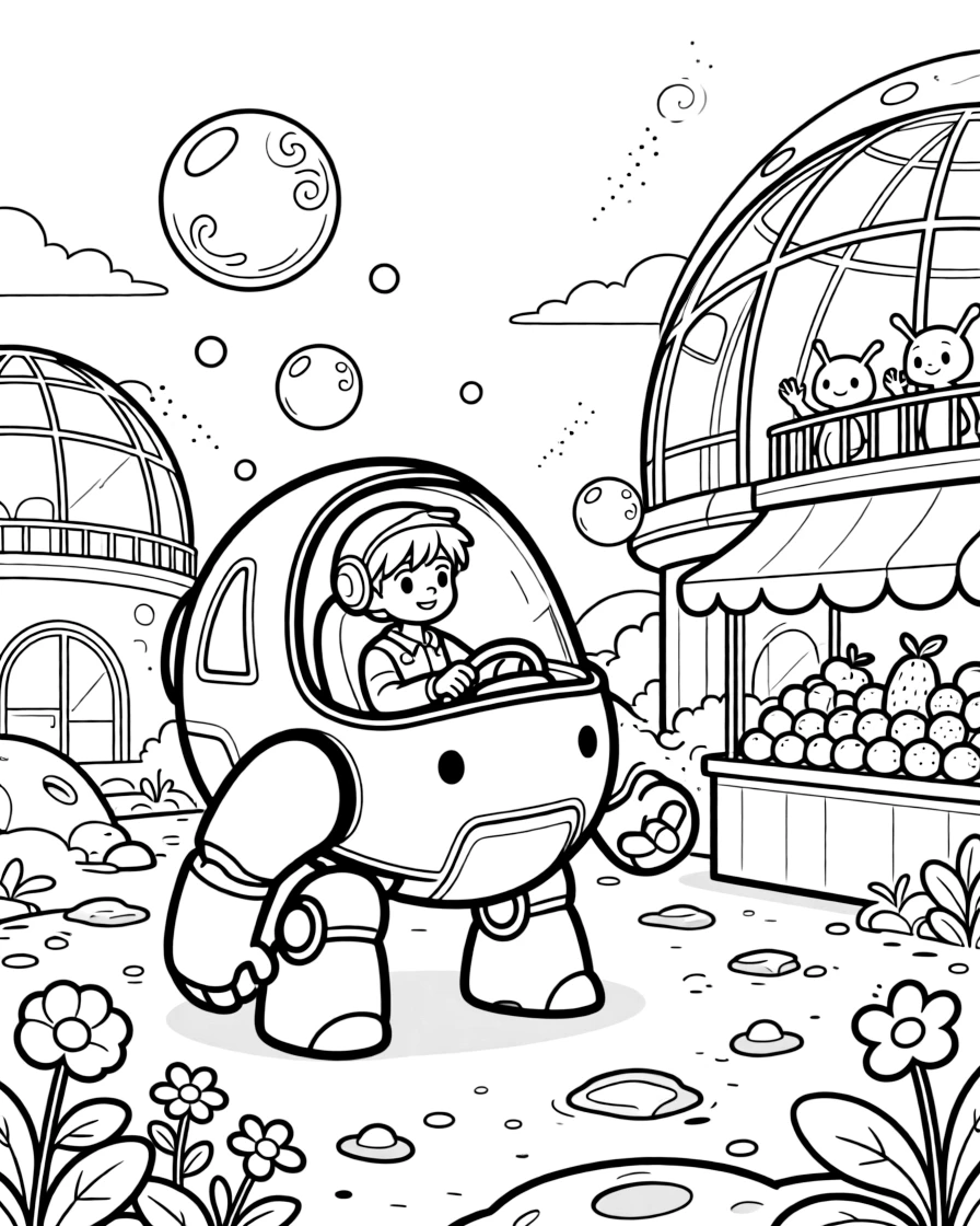Young pilot Orion riding inside the friendly giant mech Skyforge chasing bubbles that float upward instead of down on a low-gravity moon, in a moon colony with glass domes and low-gravity gardens, with friendly aliens waving from nearby balconies and a busy market stall selling glowing fruit nearby.
