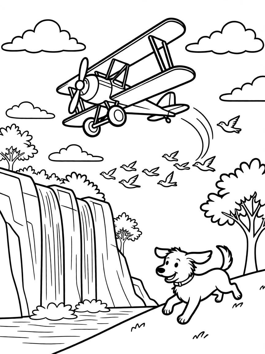 The scene captures a two-winged biplane looping through fluffy clouds in the middle of a national park with towering waterfalls and rocky cliffs, with a friendly dog with its ears flapping in the wind nearby and a flock of birds flying alongside in formation sprinkled around for extra fun.
