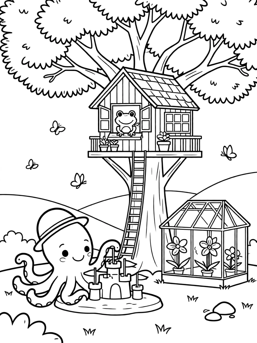 A friendly octopus building a sandcastle beside a frog in a treehouse among the branches, near a orchid greenhouse, while morning fog rolls over the hills.