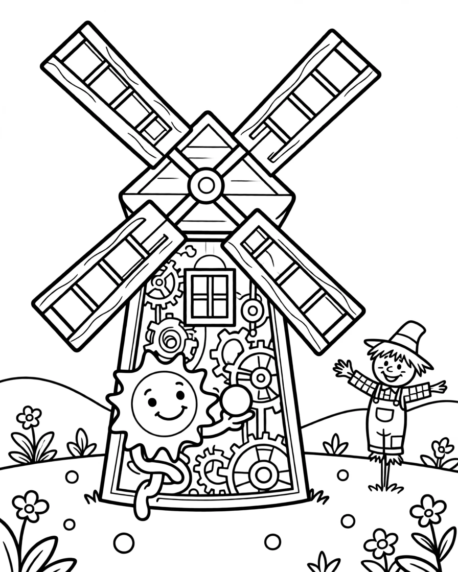 A wiggly summer sun sprite takes a break from adventures to try having a joyful snowball fight inside a windmill full of spinning gears and gadgets, with a cheerful scarecrow waving from the field close behind. It's shaping up to be the happiest day in the whole kingdom.