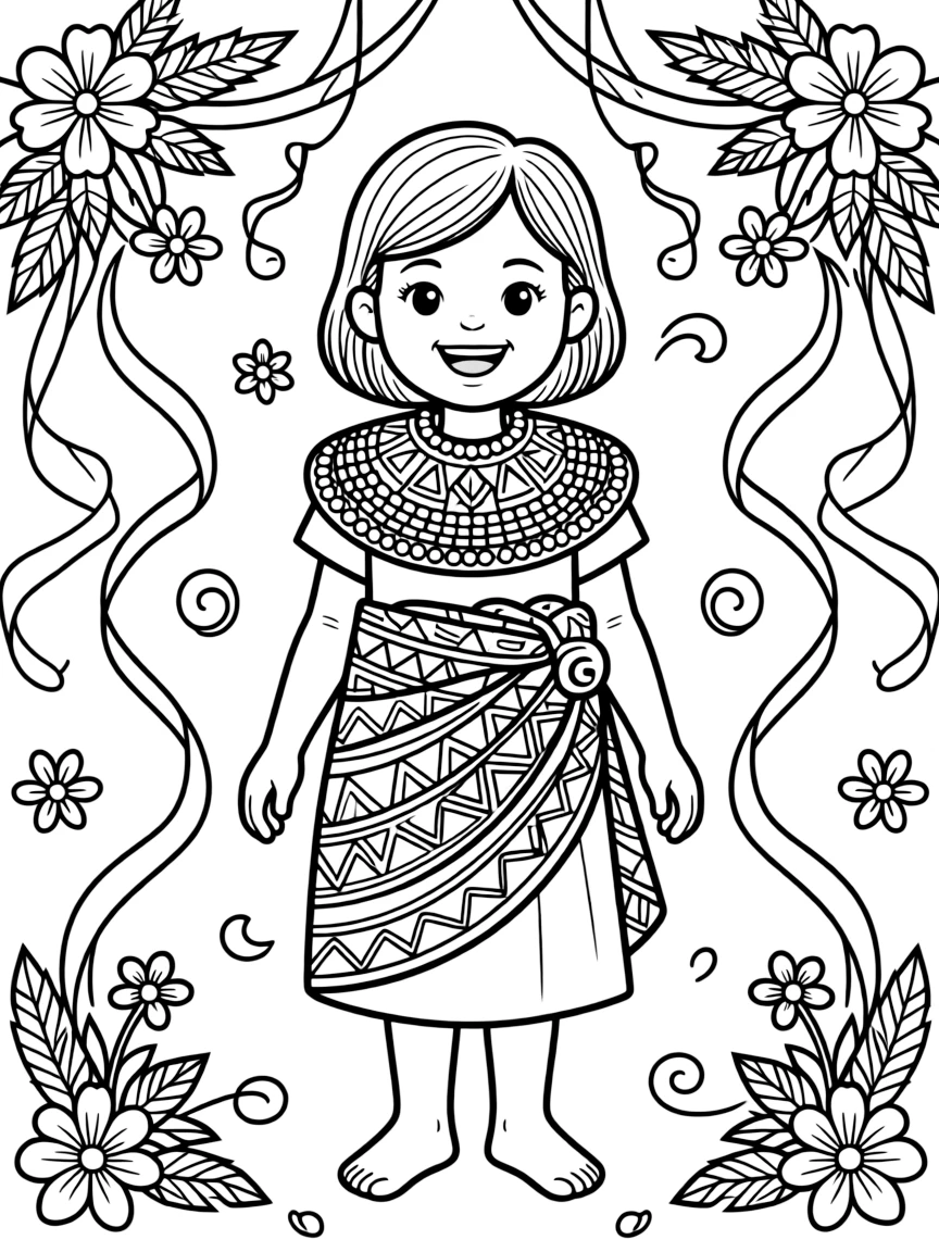 A coloring page from South Africa showing a child wearing a beaded Ndebele collar and patterned wrap, posed for a festival photo with flowers and ribbons decorating the background.