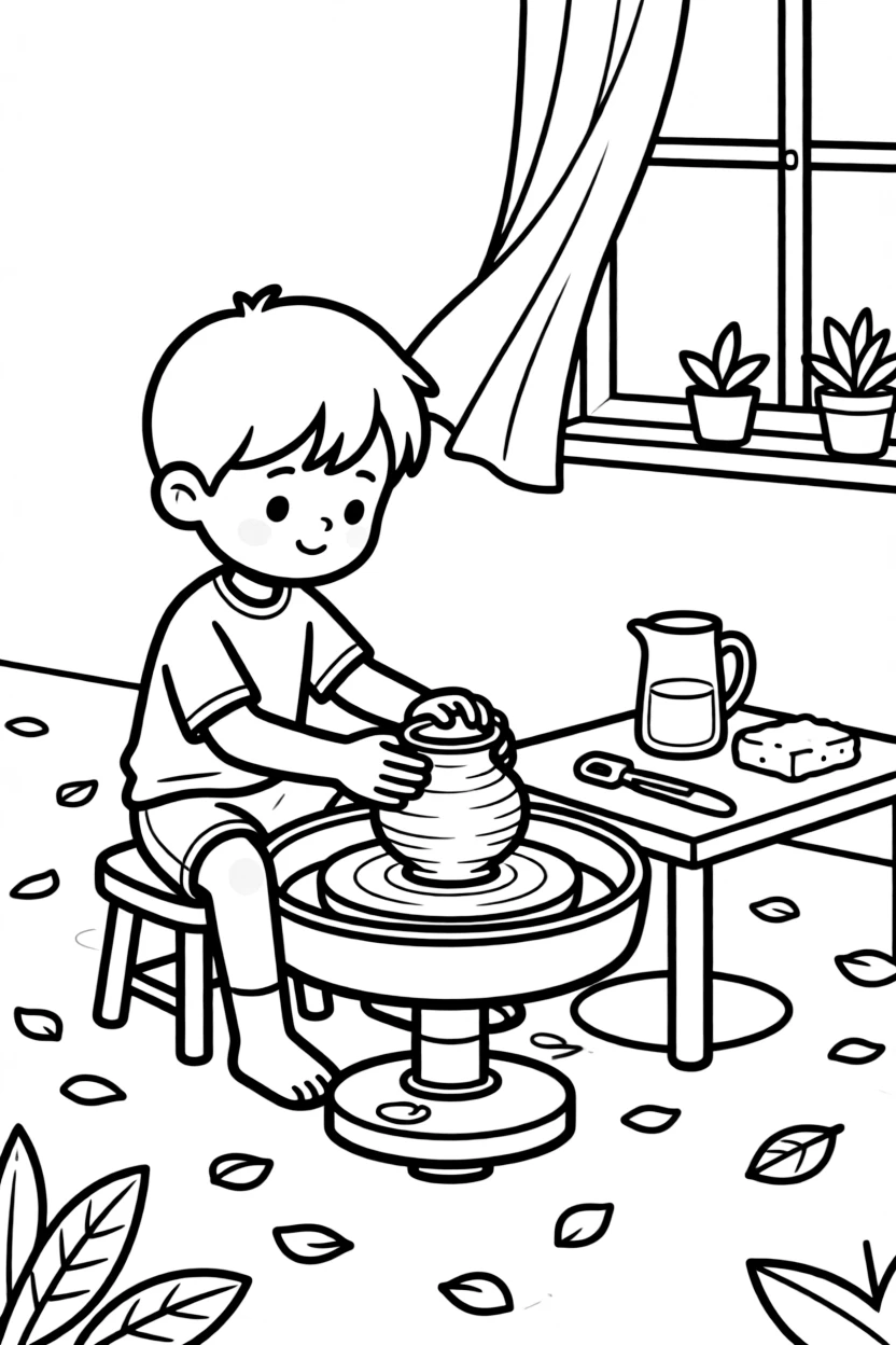 a shy young boy molds a lump of clay into a wobbly pot on a spinning pottery wheel.