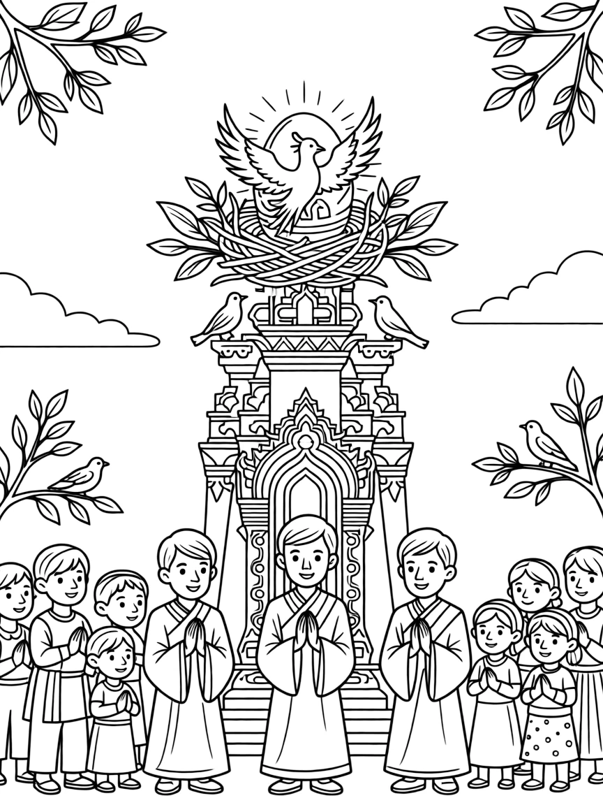 A phoenix egg glows warmly in a nest atop a temple spire, priests and villagers gathering below in quiet anticipation.
