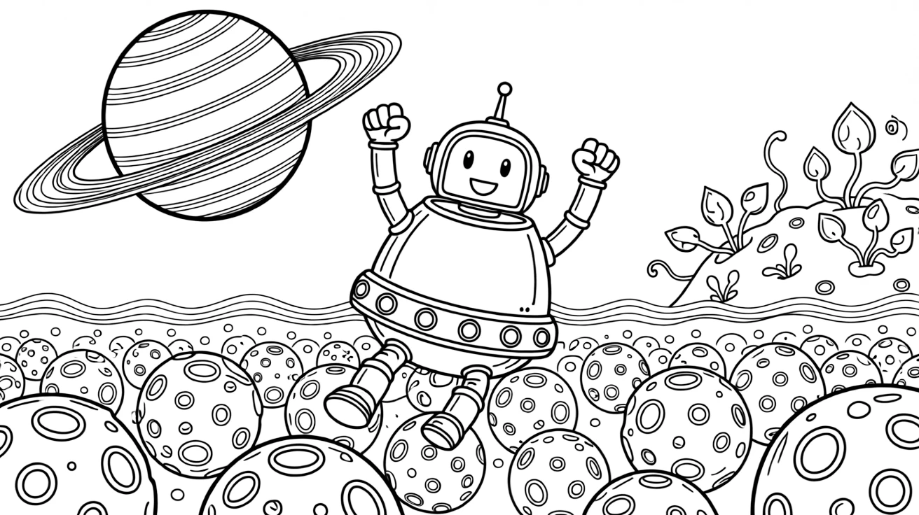 [Spaceships] a friendly robotic space probe gliding through a field of asteroids near a ringed gas giant, cheering with both fists raised, while alien plants dot a nearby planet's surface fills the surrounding area. Tiny portholes line the ship's hull. Set in the late afternoon, with heat waves shimmering in the distance, the page bursts with adventure and imagination.